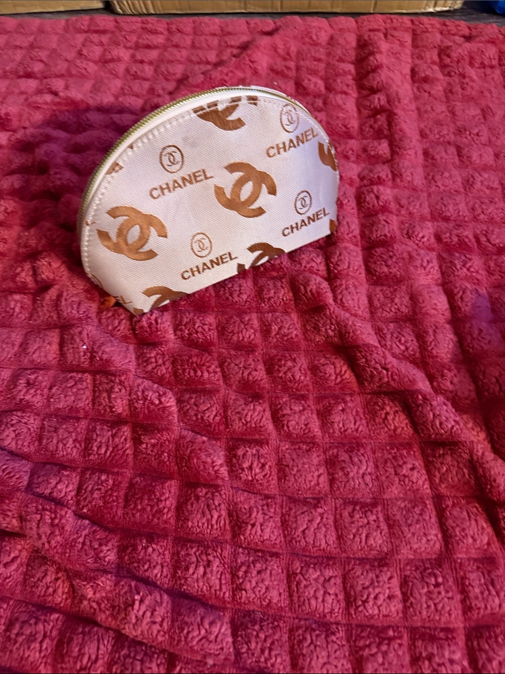 CHANEL Beige and Gold CC Logo Half-Moon Cosmetic Pouch